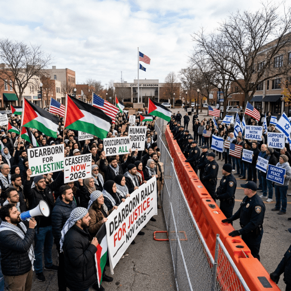 Crowds holding Palestinian and Israeli flags with opposing protest signs separated by police barriers in front of Dearborn city hall