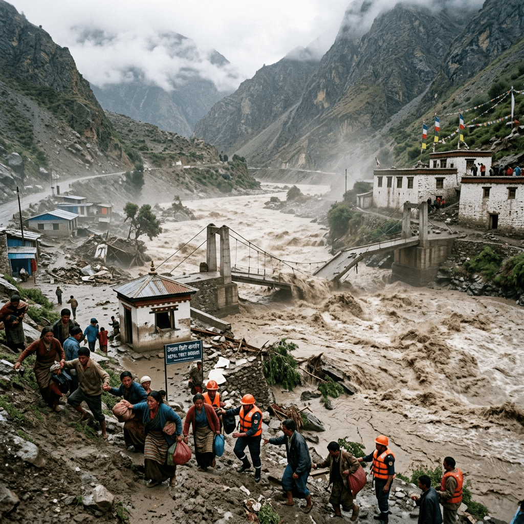 Residents and rescuers evacuate beside a raging mountain river