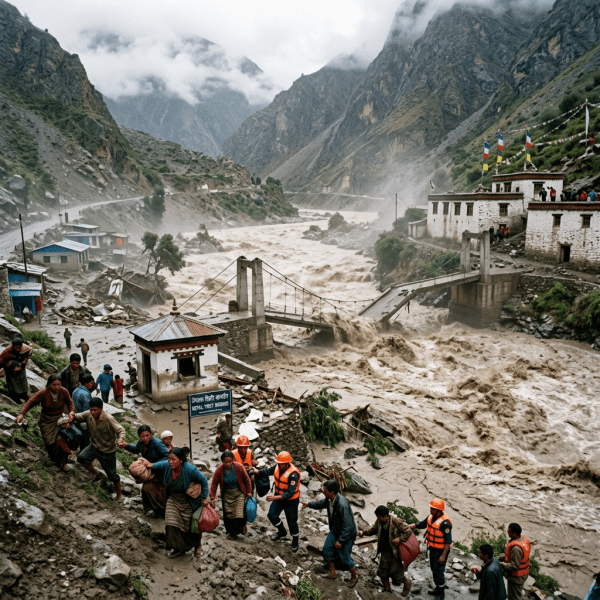Residents and rescuers evacuate beside a raging mountain river